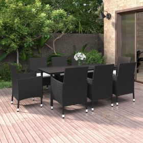 Rattan patio furniture set consists of 1 table, 8 chairs and 8 removable seat cushions.