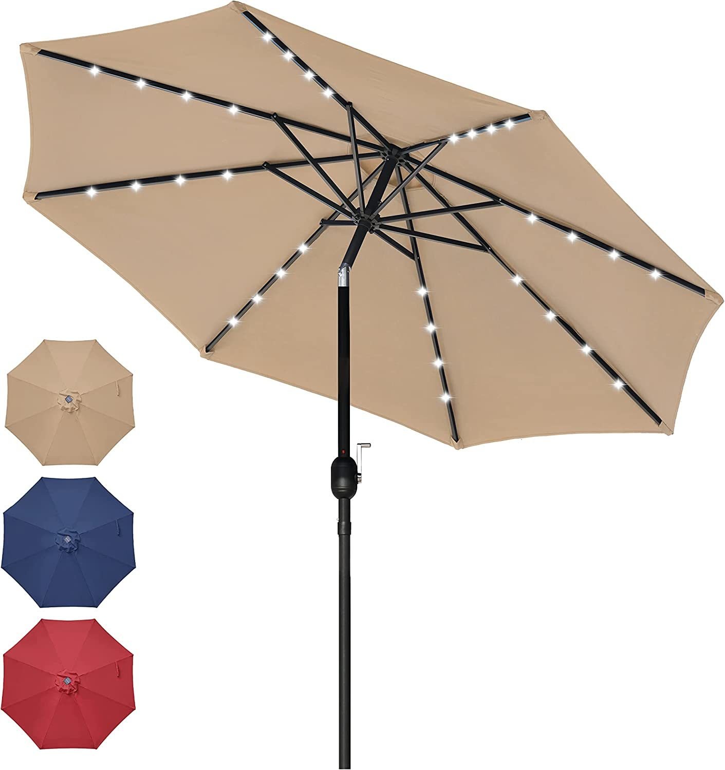 9' Solar Umbrella 32 LED Lighted Patio Umbrella Table Market Umbrella with Push Button Tilt/Crank Outdoor Umbrella for Garden, Deck, Backyard and Pool 9' Solar Umbrella 32 LED Lighted Patio Umbrella Table Market Umbrella with Push Button Tilt/Crank Outdoor Umbrella for Garden, Deck, Backyard and Pool
